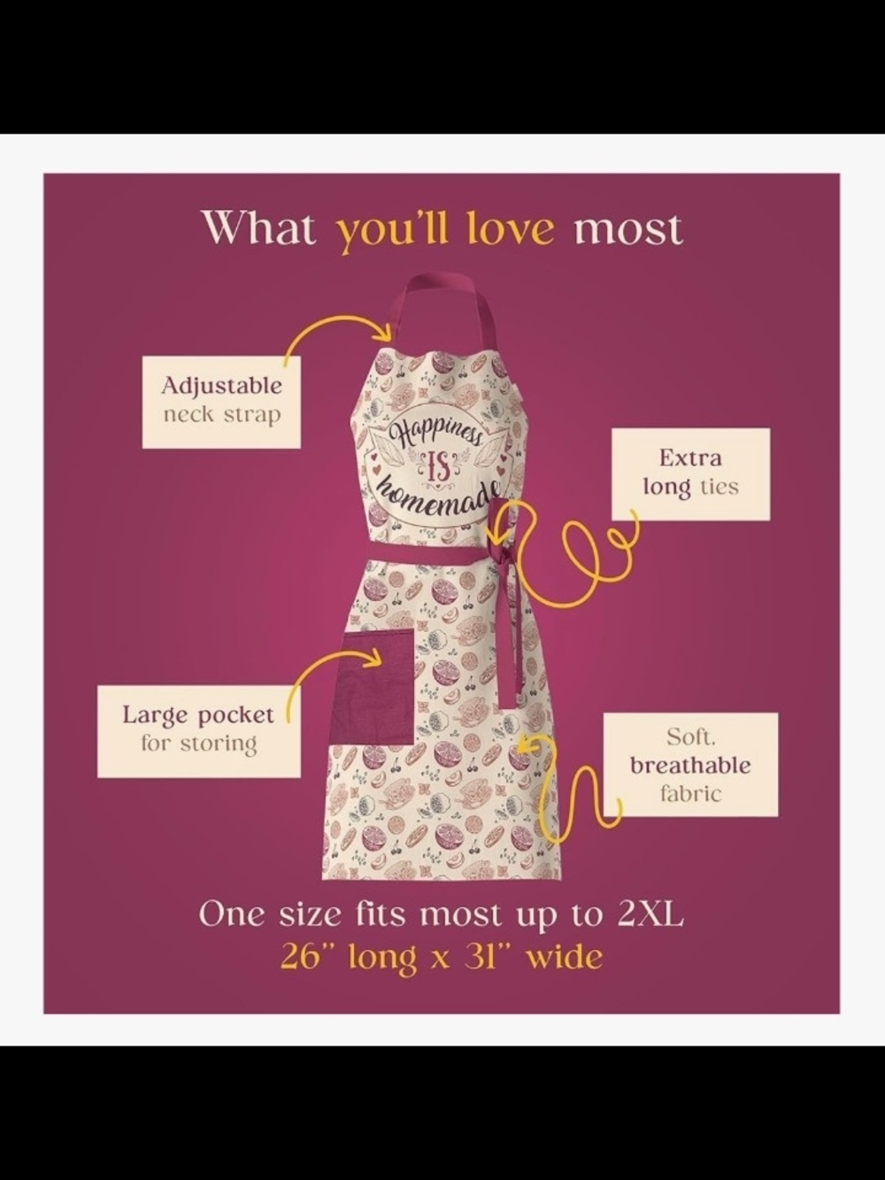 BAKING KITCHEN APRON WATERPROOF ADJUSTABLE HAPPINESS IS HOMEMADE ONE SIZE